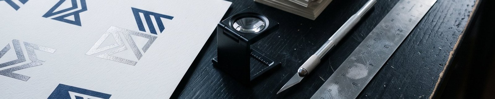 Épreuves imprimées d'un monogramme et nuancier sur un plan de travail
