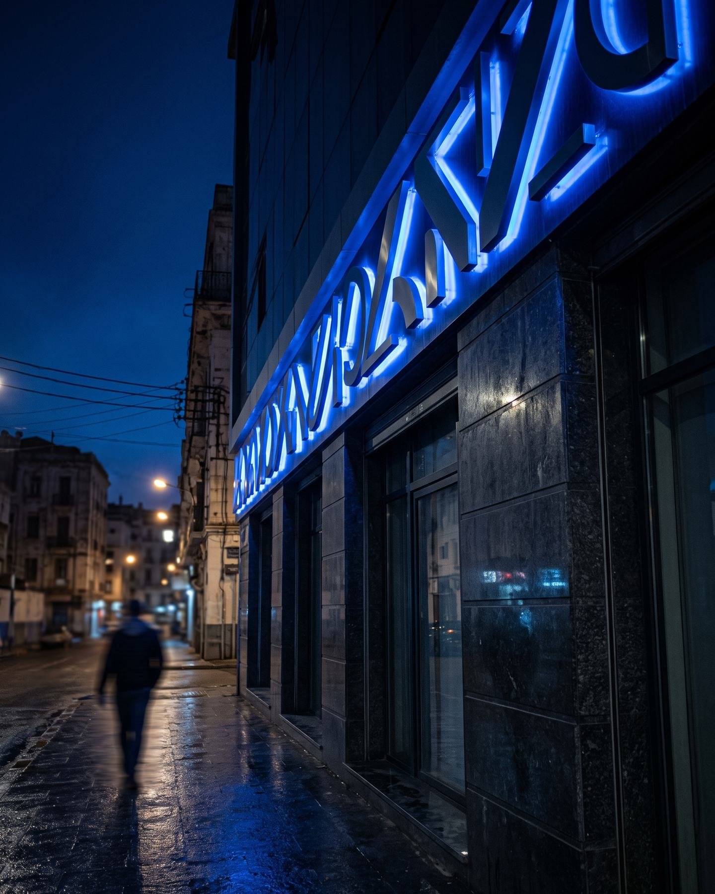 Enseigne lumineuse à LED bleue installée sur une façade, de nuit