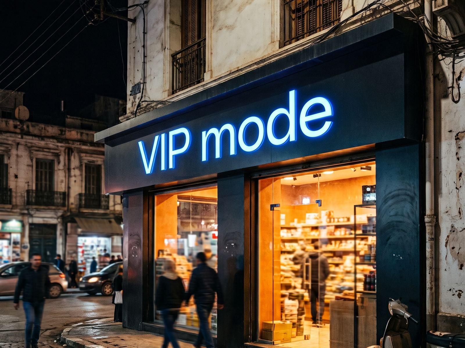 Enseigne LED lettres boîtiers sur devanture de magasin, de nuit