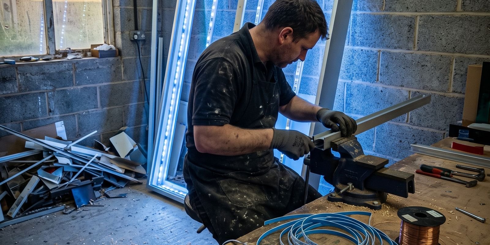 Technicien assemblant un caisson lumineux dans l'atelier Signatrix